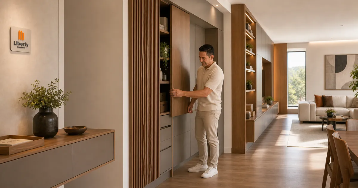 Homem abre painel de marcenaria que integra circulação e armazenamento entre os ambientes