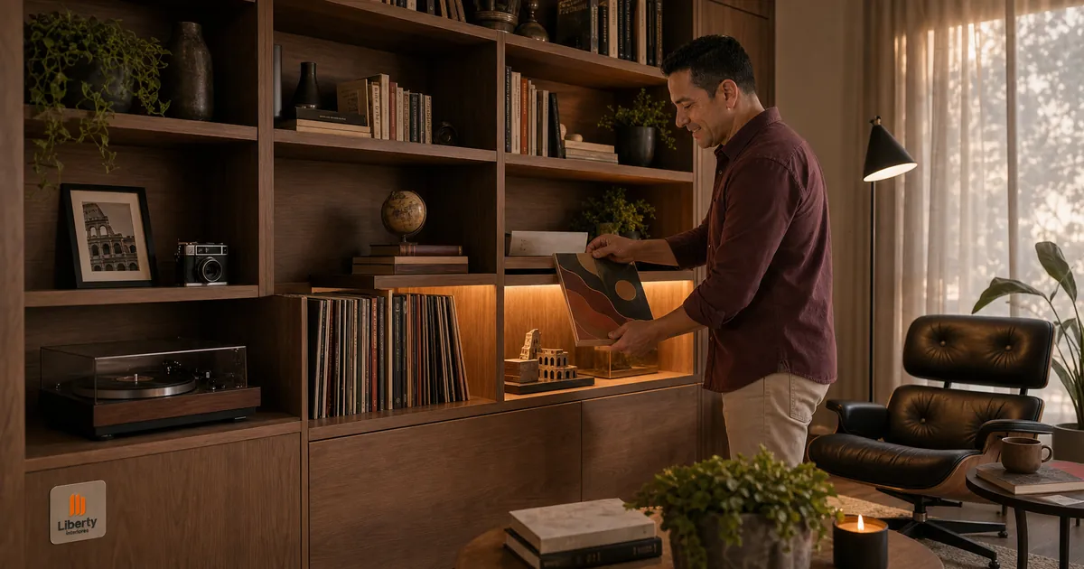 Homem organiza disco favorito em estante planejada com livros, objetos pessoais e iluminação