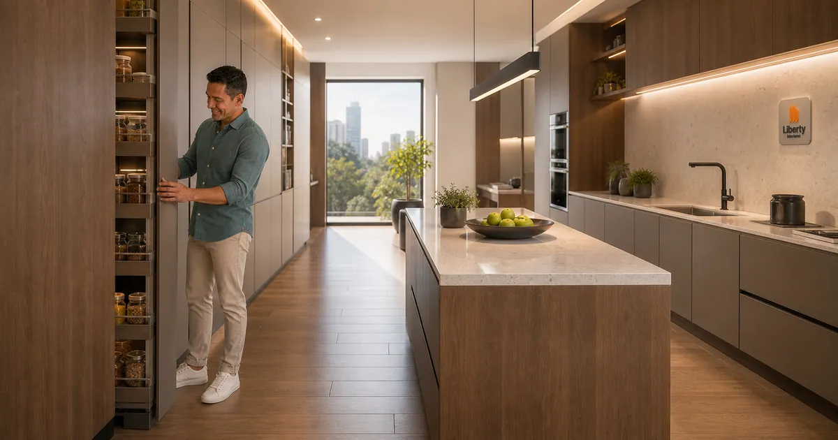 Homem acessa despensa vertical em cozinha planejada com circulação e proporções equilibradas