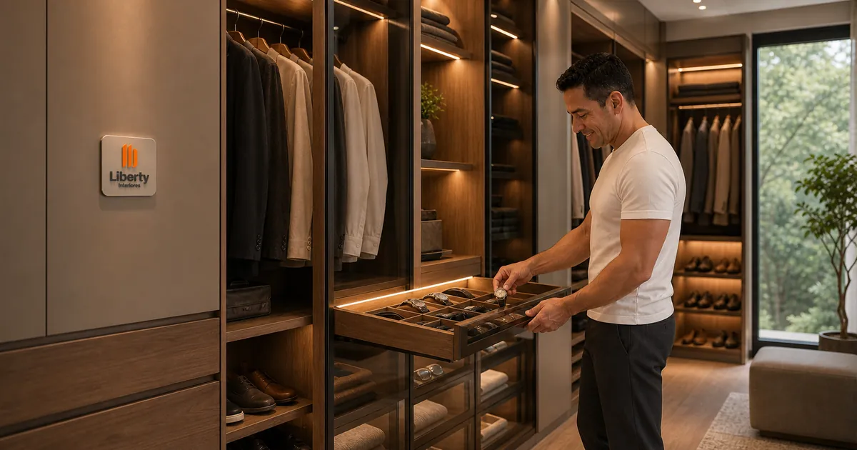 Homem escolhe relógio em bandeja iluminada de closet planejado com divisões personalizadas