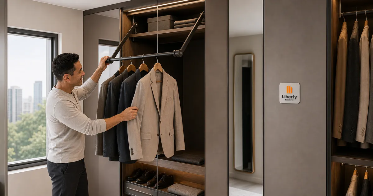 Homem baixa cabideiro articulado em closet planejado com espelhos e organização vertical