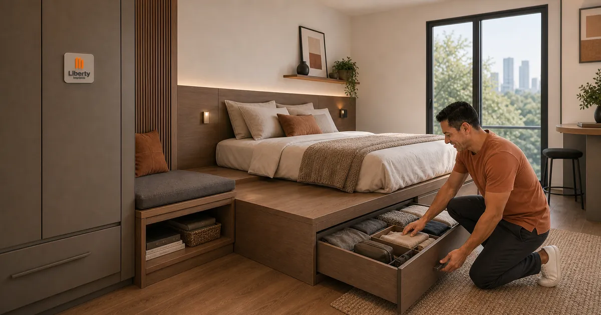 Homem abre gavetão sob cama elevada em apartamento compacto com marcenaria integrada