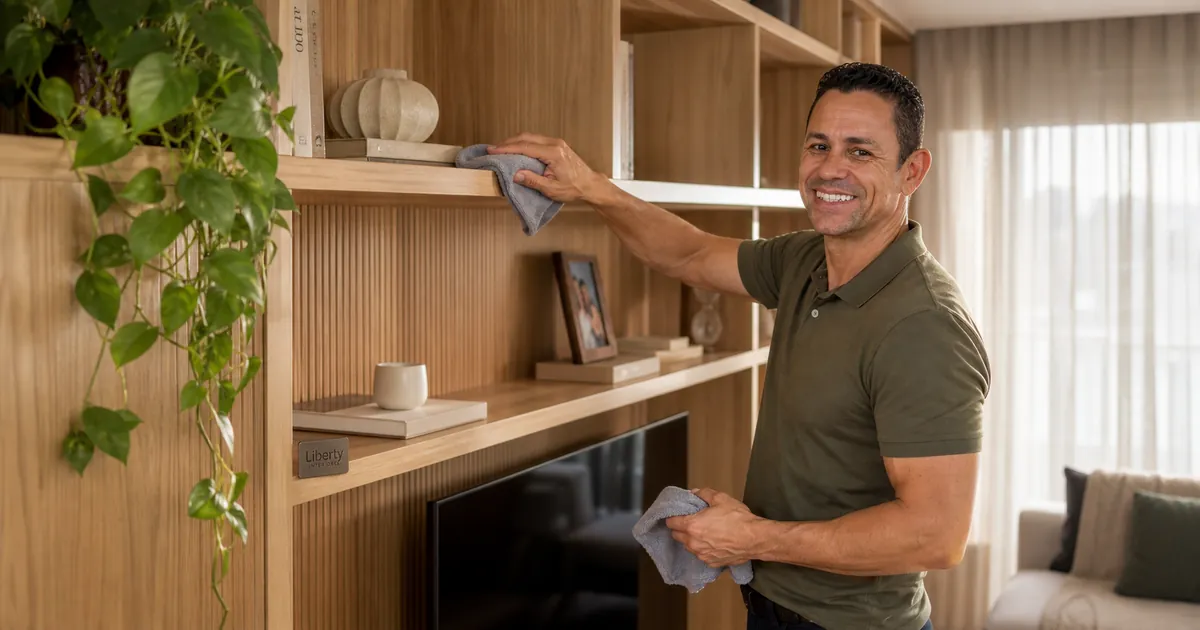 Homem remove pó de estante planejada com pano de microfibra macio e sem produtos abrasivos