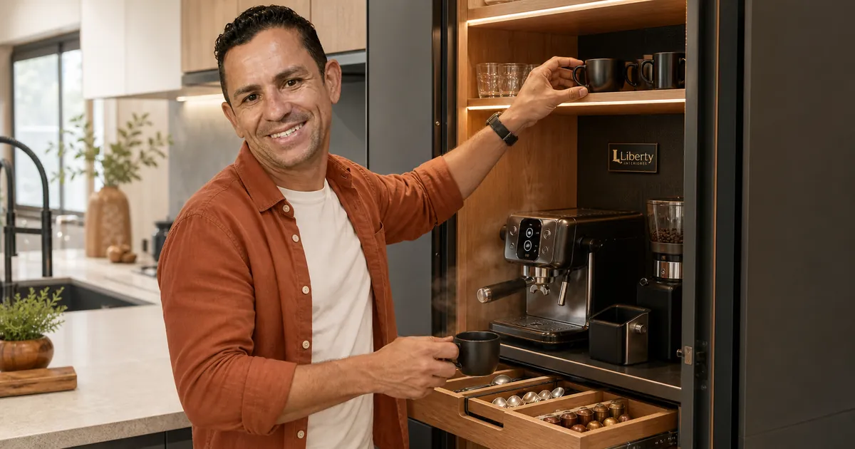 Homem prepara café em estação planejada integrada a uma cozinha acolhedora