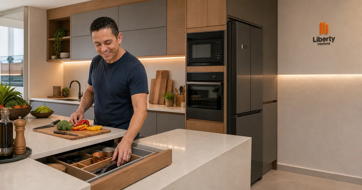 Homem prepara alimentos em cozinha planejada com ilha, gavetas organizadas e armários sob medida