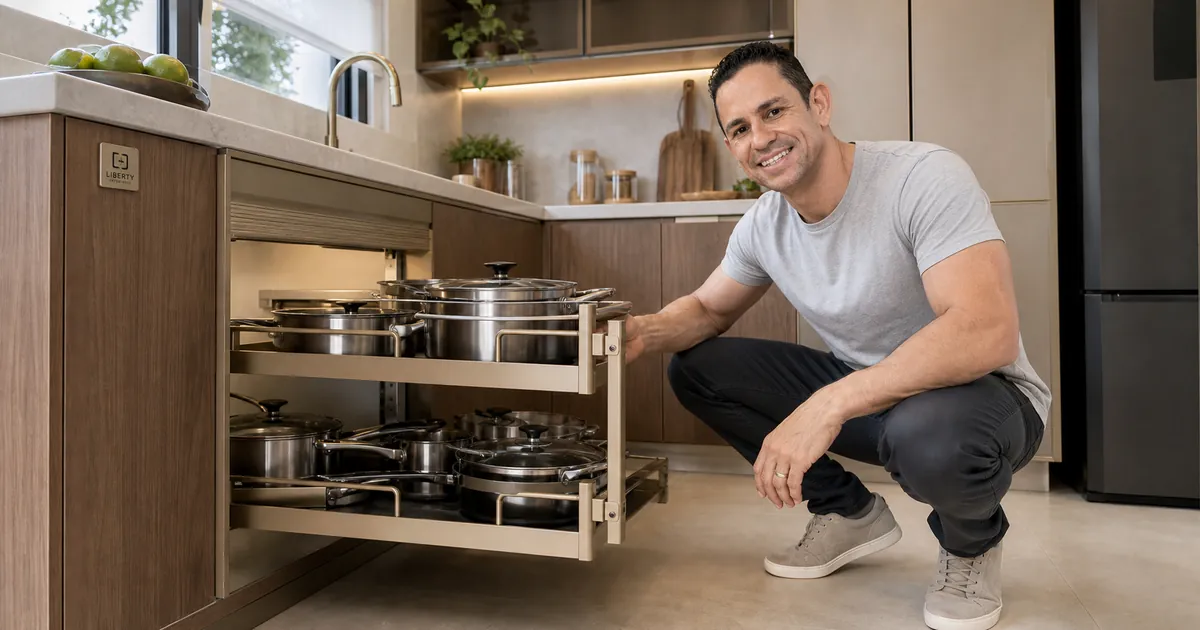 Homem abre mecanismo de canto que aproveita área difícil em cozinha sob medida