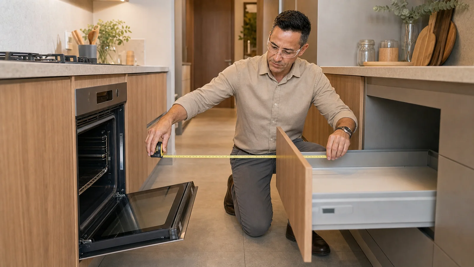 Especialista mede a interferência entre forno e gaveta em uma cozinha planejada de apartamento