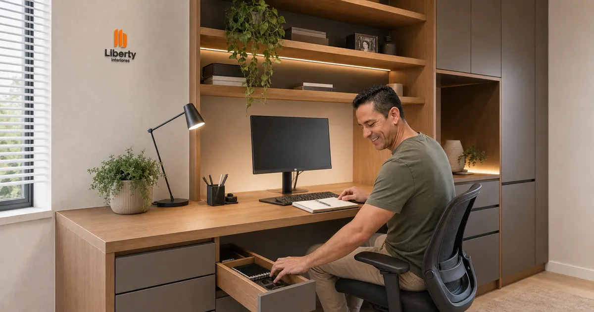 Homem trabalha em home office planejado com mesa sob medida, estantes e armazenamento integrado