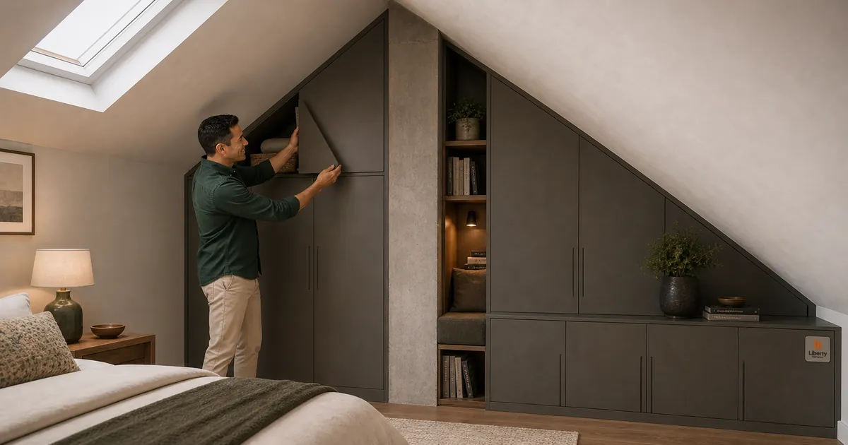 Homem abre armário triangular feito sob medida para quarto com teto inclinado e pilar