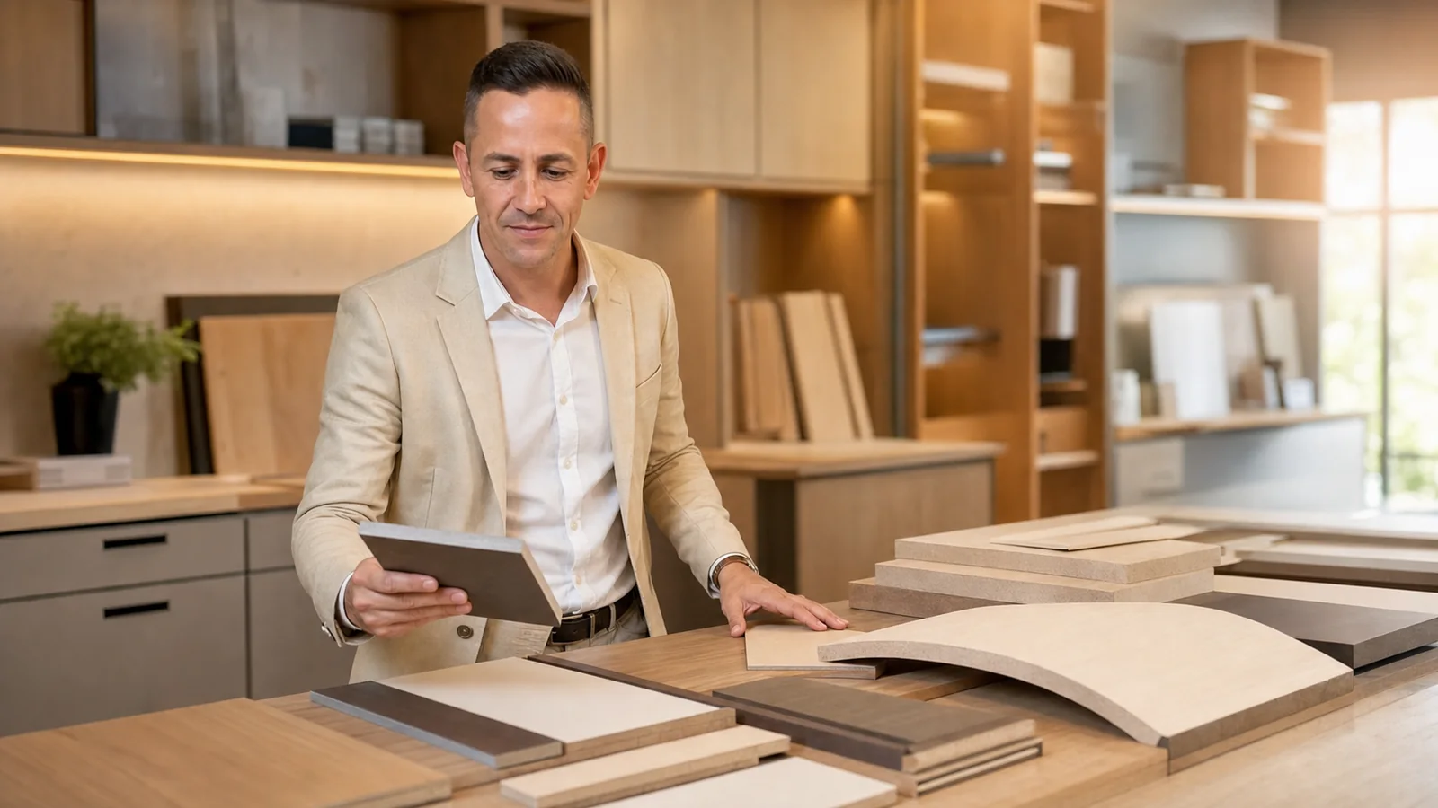 Especialista compara amostras e espessuras de MDF em um showroom de móveis planejados