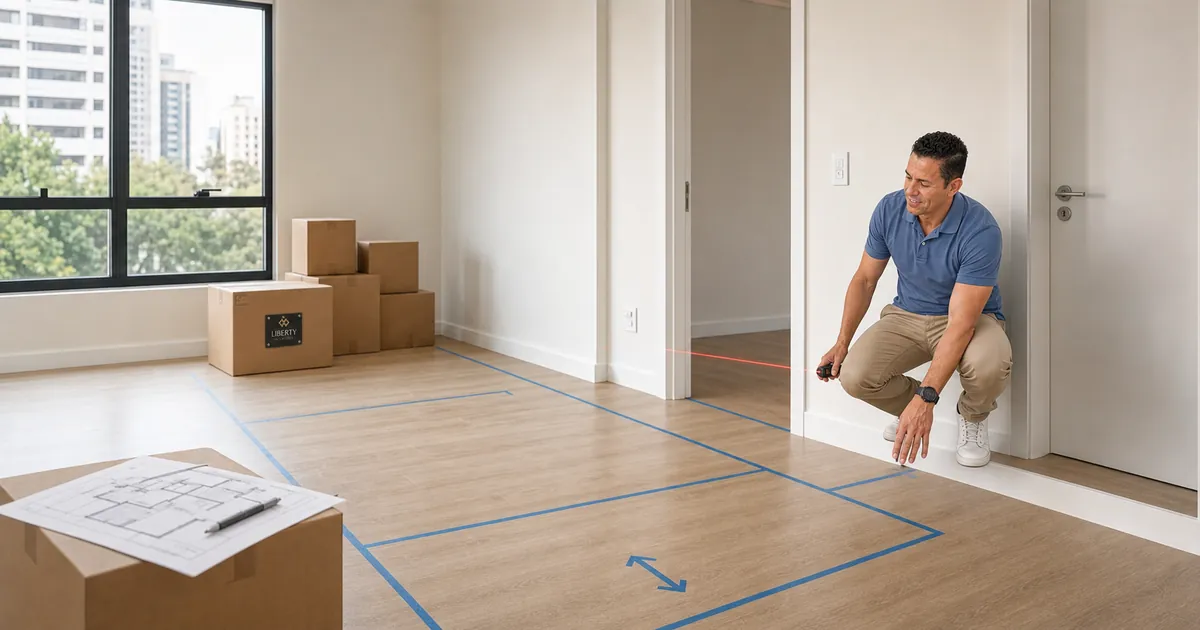 Homem mede apartamento vazio e marca no piso a posição dos móveis antes da mudança