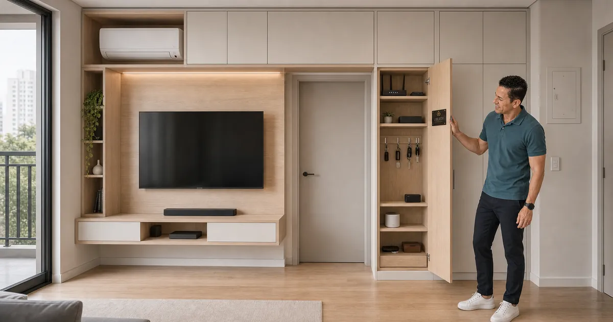 Homem abre armazenamento planejado integrado a porta, ar-condicionado e painel da sala