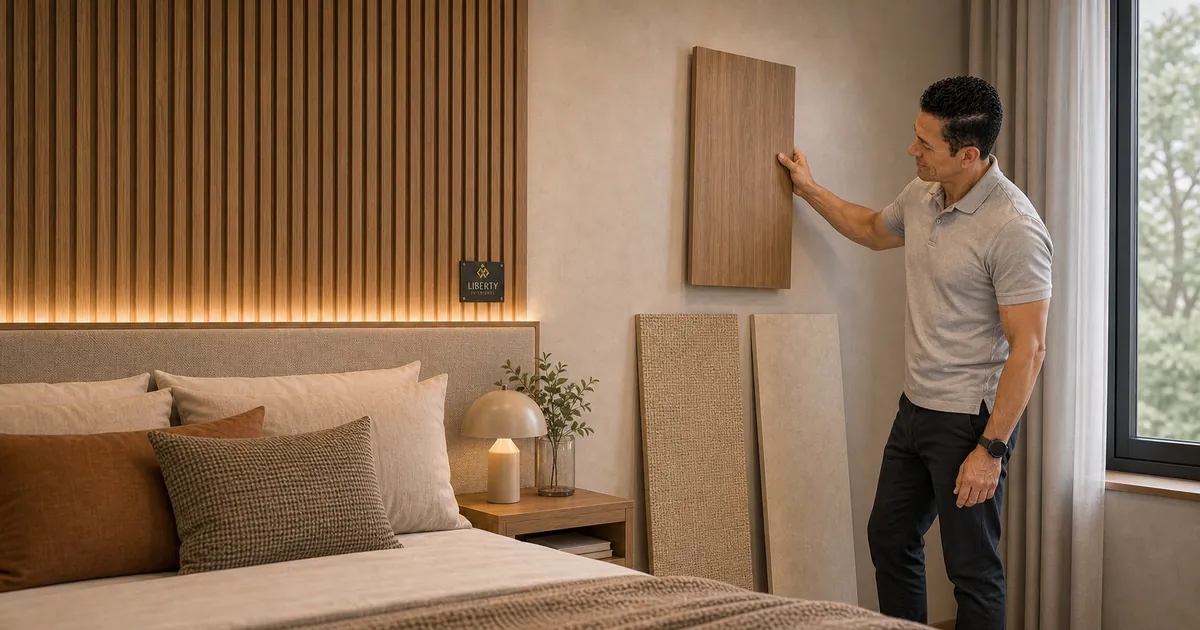 Homem compara amostras com painel ripado e cabeceira integrada na parede do quarto